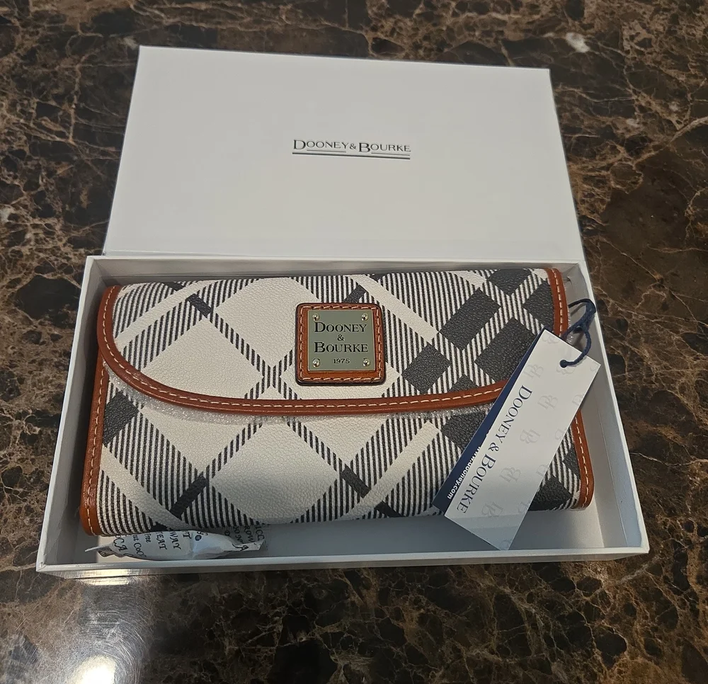 Dooney & Bourke Cream Plaid Wallet with Tan Trim and Black Accents